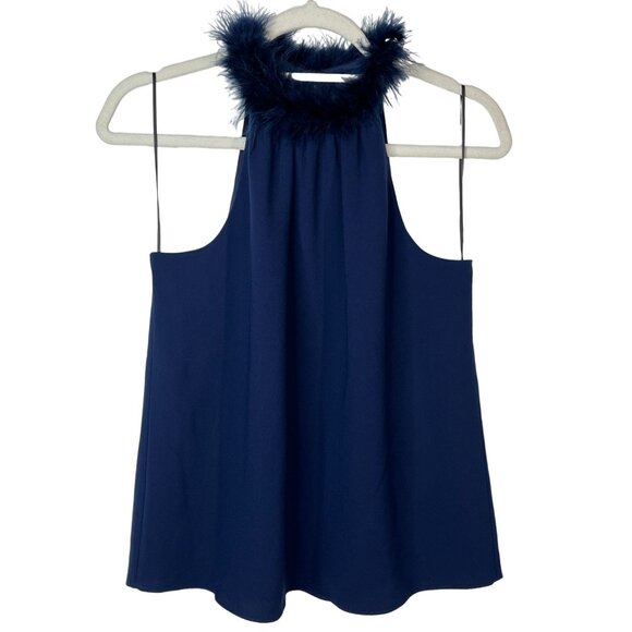 Trina Turk Top Womens Small Shirt Blouse Blue Halter Feathers Sleeveless Work - Picture 1 of 12